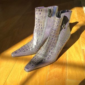 Pliner crocodile aubergine & gray boots. 2in heel